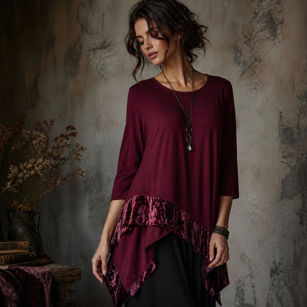 Asymmetrical Tier Tunic Top Sz S Velvet Trim Keyhole Back Boho Goth Romantic